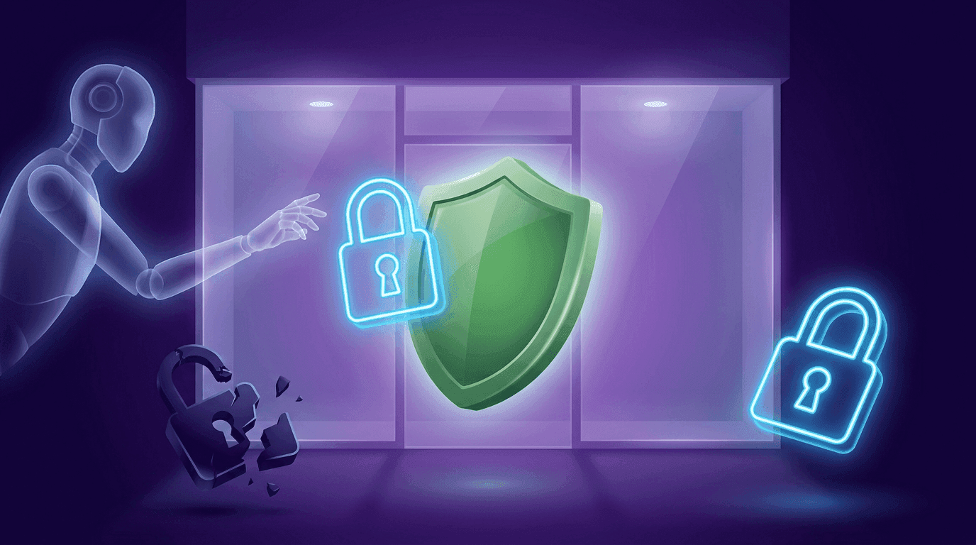 A dark security audit panel shows an SSL certificate, HSTS, and trust signals being read by an AI assistant.