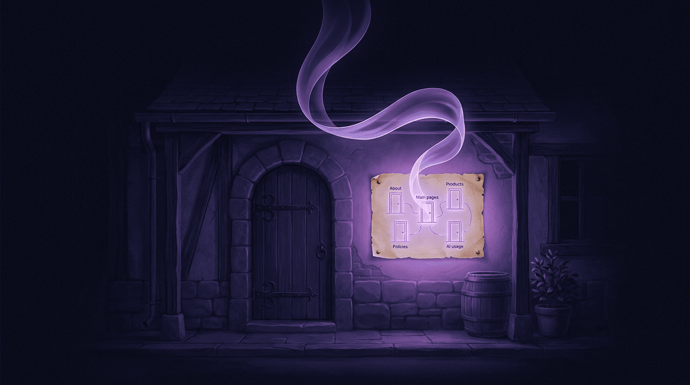 A small shop entrance at night displays a glowing map note with About, Main pages, Products, Policies, and AI usage sections read by an AI assistant ribbon.