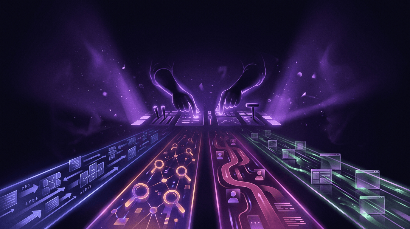 Four glowing AI bot traffic lanes run through store access logs toward decisions about blocking or allowing crawlers.