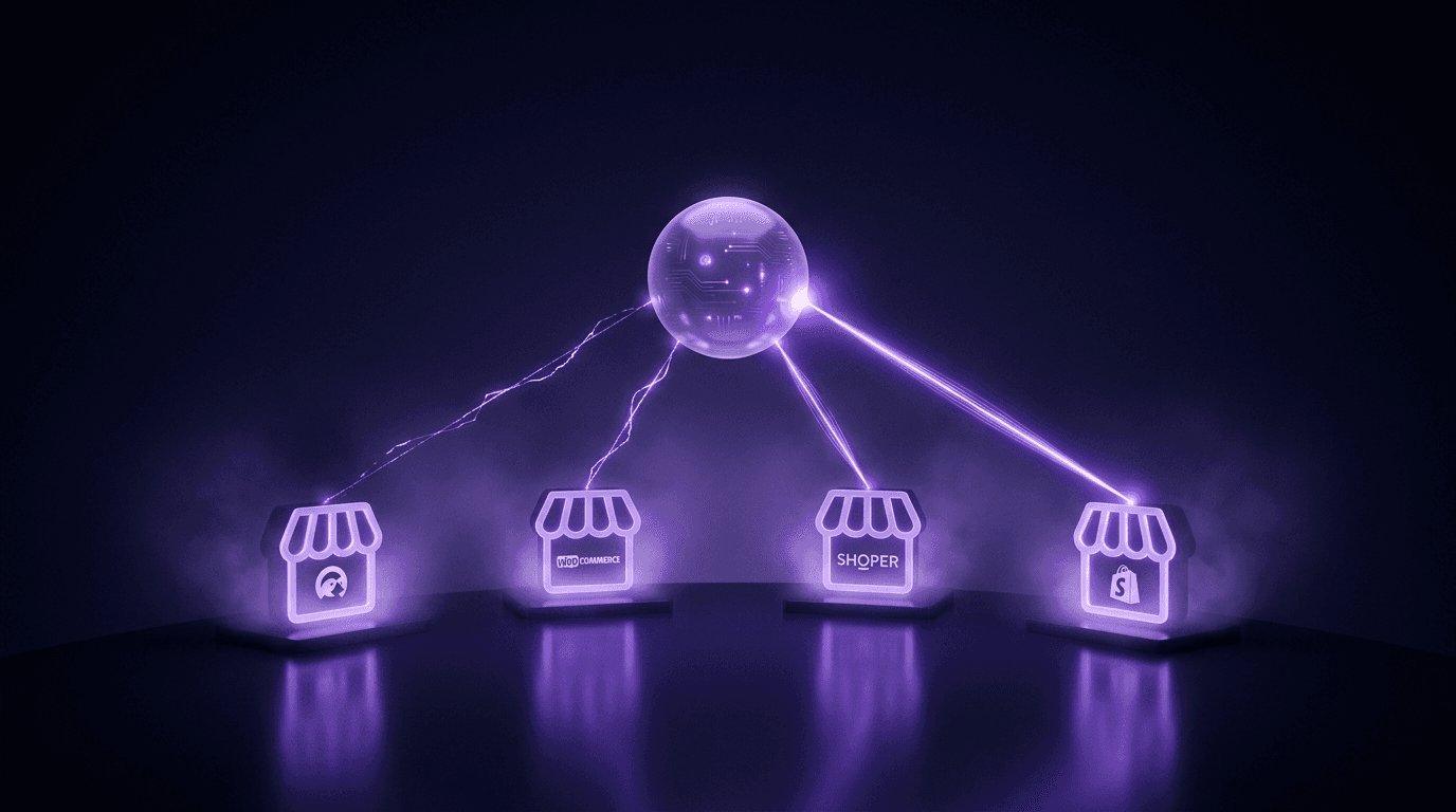 Four glowing e-commerce shields for PrestaShop, WooCommerce, Shoper, and Shopify emit purple data beams toward a hovering AI assistant.